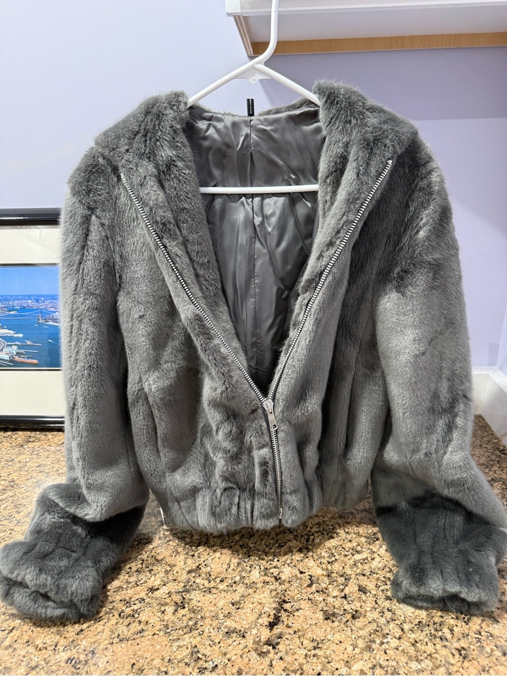 Helmet Lang Faux Fur Zip-Front Jacket in Gray